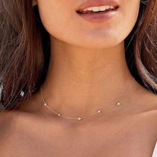 VRIUA Necklaces for Women - 14K Gold/Silver Plated Dainty Chain Necklace with Five Charms: Diamond, Bow, Snowflake, Cross, Flower, Clover, Butterfly, Heart, Star of David, and Star Trendy Jewelry - color: Gold, style: Station