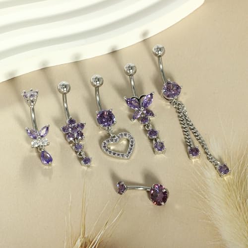 TIANCI FBYJS Surgical Stainless Steel Dangle Belly Button Rings for Women Belly Ring Dangling Piercing Jewelry with Heart Flower Butterfly Silver 14G - color: purple