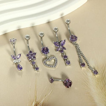 TIANCI FBYJS Surgical Stainless Steel Dangle Belly Button Rings for Women Belly Ring Dangling Piercing Jewelry with Heart Flower Butterfly Silver 14G - color: purple