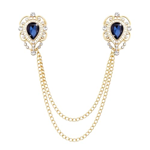 Teardrop Rhinestone Brooch Mens Lapel Pins for Shirt Collar Hanging Chain Brooch Suit Pin Crystal Rhinestone Lapel Pins for Men - color: Blue