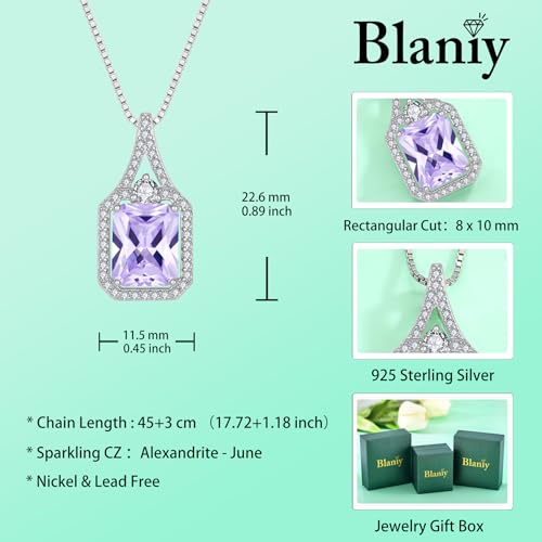 Created Gemstone Necklace 925 Sterling Silver Halo Rectangular Pendant Birthstone Necklaces Jewelry Gifts for Women - color: 06 June - Alexandrite