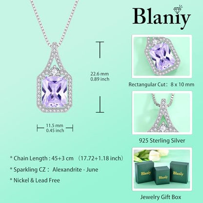 Created Gemstone Necklace 925 Sterling Silver Halo Rectangular Pendant Birthstone Necklaces Jewelry Gifts for Women - color: 06 June - Alexandrite