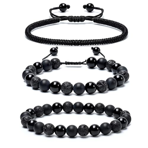SAMXY Triple Protection Bracelet, 8mm Healing Crystal Bead Bracelet, 3pcs Blue Red Tiger's Eye Obsidian Hematite Bracelet Women Men - color: 3pc-obsidian