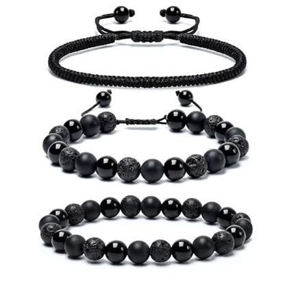 SAMXY Triple Protection Bracelet, 8mm Healing Crystal Bead Bracelet, 3pcs Blue Red Tiger's Eye Obsidian Hematite Bracelet Women Men - color: 3pc-obsidian