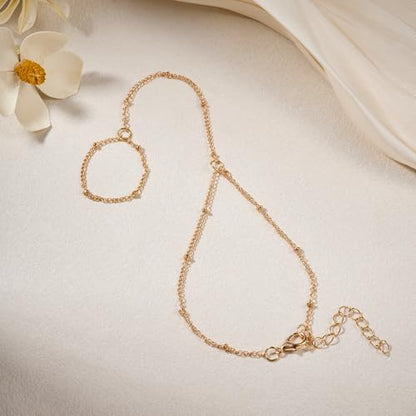 AceFun 1PC Gold Hand Chain Bracelet for Women Rhinestones Crown Pearls Beads Finger Ring Bracelets Trendy Dainty Simple Waterproof Bracelet Fashion Body Jewelry for Ladies - color: Beads