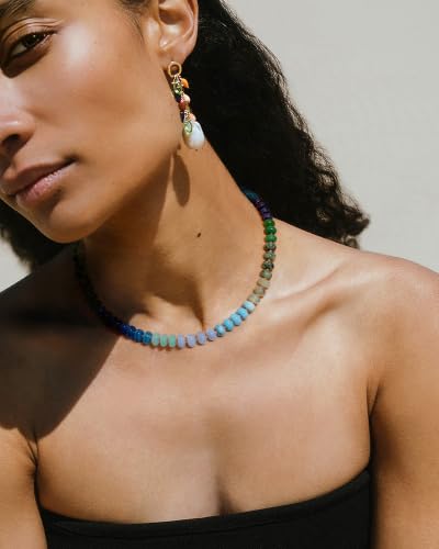 Aobei Pearl 18K Gold Plated Paperclip Chain Choker Satellite Chain Freshwater Cultured Biwa Pearl Pendant Necklace Dainty Turquoise Jewelry for Women - color: Multi-colors (Green Blue)