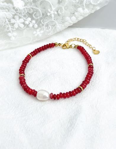 Gemstone Beaded Bracelets with Freshwater Pearl | Crystal Beaded Bracelet Boho Natural Stone Trendy Jewelry Gifts - color: Red