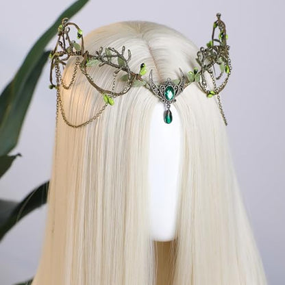MOSTORY Woodland Elf Crown for Women - Medieval Elf Headpiece with Tassel for Renaissance Renfaire Fae Cosplay Viking Outfit - color: Bronze-green