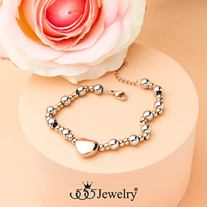 555Jewelry Stainless Steel Beads & Puffed Heart Charm Bracelet for Women & Ladies - color: Silver/Rose Gold