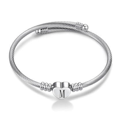 Women Initial Heart A-Z Letter Cuff Bracelet Personalized Name Expandable Wristband Bangle Bracelets Stainless Steel Birthday Jewelry - style: M