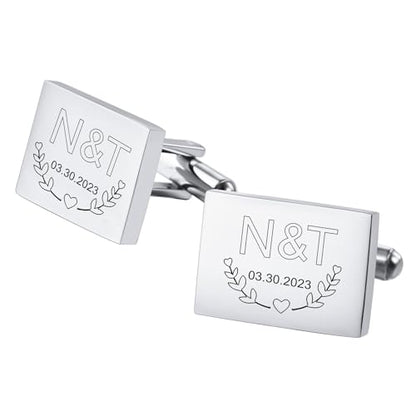 Classic Stainless Steel Cufflinks for Men Personalized Initial/Date/Photo Silver Mens Cufflinks Gift for Husband Groomsmen Groom Father of the Bride - color: Rectangle (Initials & Date)