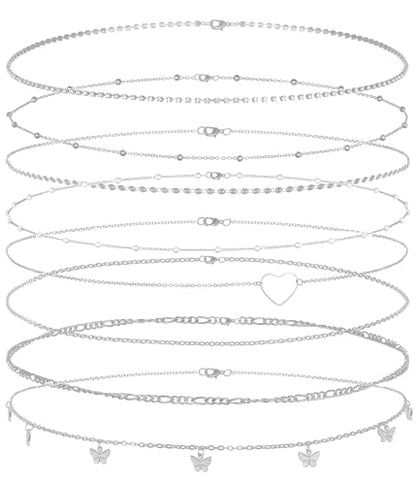 Tornito 8Pcs Waist Belly Chain CZ Heart Pearl Snake Bead Sequin Paperclip Belly Chain Summer Beach Sexy Body Chains Jewelry Accessories for Women Adjustable - style: F:8Pcs(Butterfly) Silver
