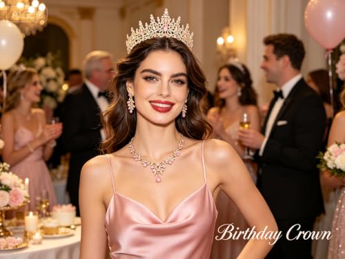 Kamirola Tiaras and Crowns for Women,Tiaras Earrings Necklace, Crystal Bridal Jewelry Set, Costume Jewelry for Women Party Halloween Prom Pageant - color: Gream Pink
