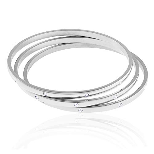 Women's Stackable Set of 3 CZ Cubic Zirconia Bangles Bracelets - color: Silver