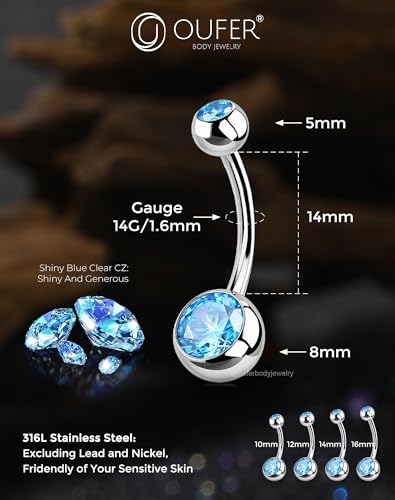 OUFER Belly Button Rings Surgical Steel, Internally Threaded Belly Rings | 14G Belly Piercing Jewelry, 10/12/14/16mm Beachy Belly Button Rings, Silver/Gold Navel Piercing Jewelry For Women Men - color: Blue, size: 14G 14MM