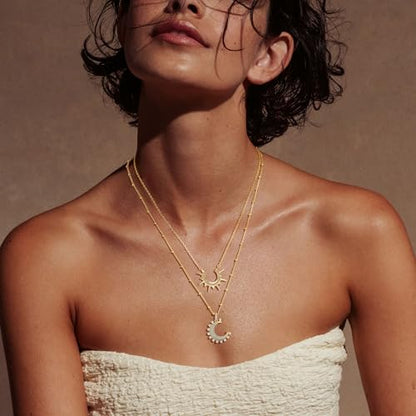 MTMY Gold Moon Pendant Necklace for Women,14K Gold Plated Dainty Chain Crescent Moon Sun Star Necklace Jewelry - style: moon-Tur