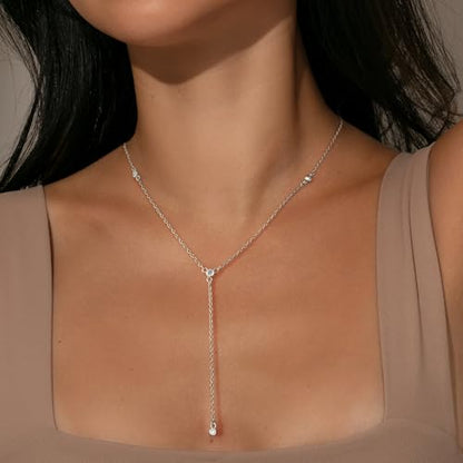 Dainty Gold Necklace for Women, Cute Long Necklace 14K Gold Plated CZ Lips Bead Y Shaped Lariat Necklace Simple Gold Choker Necklace Aesthetic Drop Necklace Trendy Gold Jewelry for Women - color: Silver Six Drop