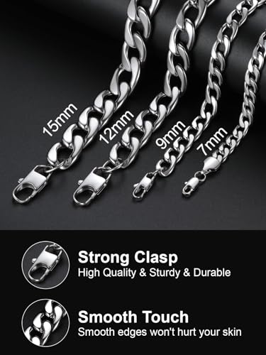U7 Cuban Link Chain for Men Women Stainless Steel Curb Necklace, 7/9/12/15 MM Chunky Chain Silver/Gold/Black Mens Hip Hop Jewelry 18''-30'' - color: a. 9mm-silver, size: 26 Inch