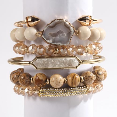 Yomisa 5PCS 6PCS Natural Boho Beaded Bracelets/Bangle for Women Men,Healing Turquoise Jasper Agate Crystal Gemstone Stone Chakra Multilayer Wrap Bohemian Handmade Jewelry Beads Stretch Bracelet Set - color: 6PCS-Caramel