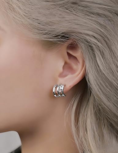 FAN&LOUIS Clip On Earrings Women, Gold Silver Triple Huggie Stud Clip-on Earrings Cubic Zirconia|Double Huggie Hoop Gold Hoop Earrings Clips for Women Trendy Lightweight - style: Gold and Silver
