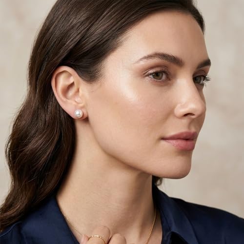 Pearl Earrings Studs,18K White Gold Plated Hypoallergenic Earrings with 925 Sterling Silver, AAAAA+ Handpicked Freshwater Cultured Pearl Stud Earrings for Women Present Wedding Holiday, Button Shape