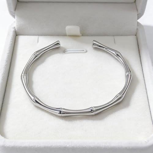 Adjustable Silver Bamboo Bracelet for Women – Stainless Steel Open-Cuff Bangle, Organic Design, Perfect Everyday Jewelry Gift