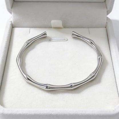 Adjustable Silver Bamboo Bracelet for Women – Stainless Steel Open-Cuff Bangle, Organic Design, Perfect Everyday Jewelry Gift