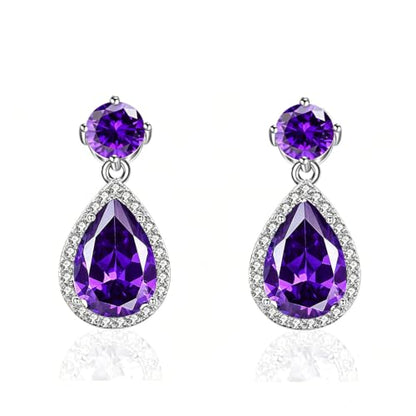 Drop Dangle Earrings Teardrop Gemstone Waterdrop White Gold Plated Crystal Hanging Cubic Zirconia Ruby Sapphire Emerald Jewelry Gift for Women Mother Wife - color: Purple