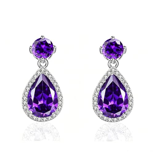 Drop Dangle Earrings Teardrop Gemstone Waterdrop White Gold Plated Crystal Hanging Cubic Zirconia Ruby Sapphire Emerald Jewelry Gift for Women Mother Wife - color: Purple