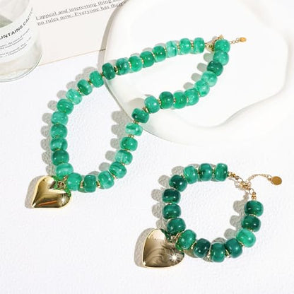 NEWITIN 2 Pieces Summer Beach Jewelry for Women Chunky Beaded Necklace Bracelet Trendy Big Resin Beaded Choker Boho Charm Statement Colorful Jewelry Set for Women - color: Green