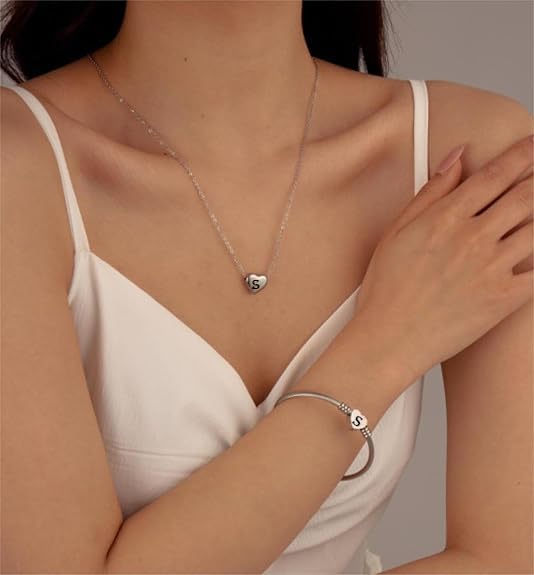 MYNENEY Necklace and Bracelet for Women Stainless Steel Initial Jewelry Set - color: Silver-S