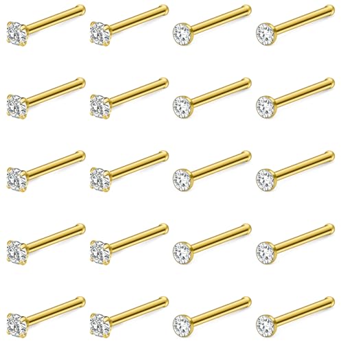 Hoeudjo Nose Studs Surgical Steel Cubic Zirconia Nose Rings Kit for Women Men Tiny Nose Stud Screw & Bone & L Shaped Nostril Piercing Jewelry 24-18 Gauge 20 Pieces Set - color: gold-tone,nose bone studs, size: 24g/2.0mm clear CZ