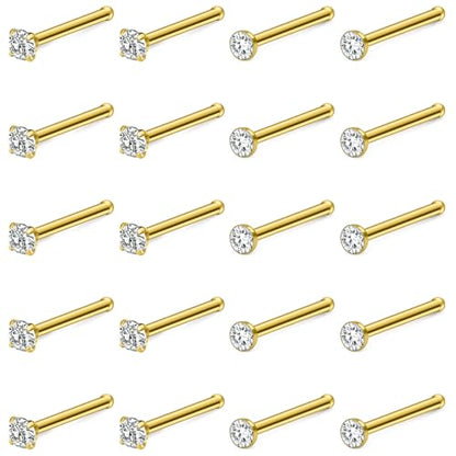 Hoeudjo Nose Studs Surgical Steel Cubic Zirconia Nose Rings Kit for Women Men Tiny Nose Stud Screw & Bone & L Shaped Nostril Piercing Jewelry 24-18 Gauge 20 Pieces Set - color: gold-tone,nose bone studs, size: 24g/2.0mm clear CZ