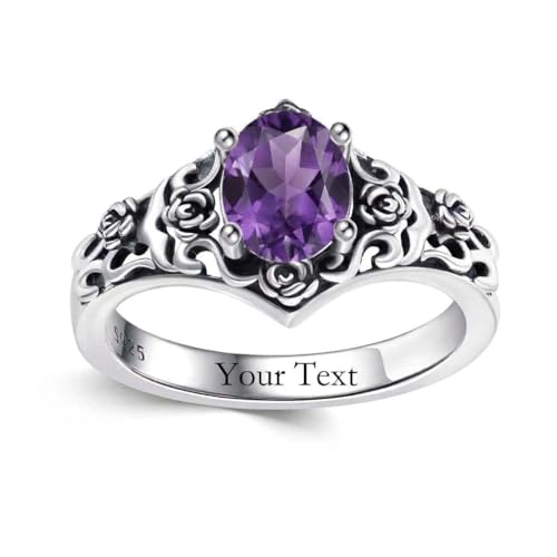 1 CT Oval Cut Gemstone Vintage Filigree Ring 925 Sterling Silver Retro Rose Teardrop Birthstone Statement Ring Anniversary Jewelry Gifts for Women Ring Size 4-13 - color: Feb-Amethyst Purple