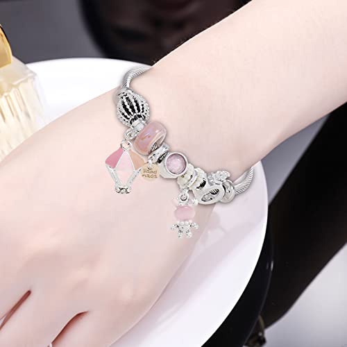 DS Charm Bracelets for girls,exquisite cute cartoon friendship bracelets Silver Stainless Steel Bangle with birthday Gift box, Adjustable girls jewelry Suitable for holiday gifts - style: Silver-pink rabbit