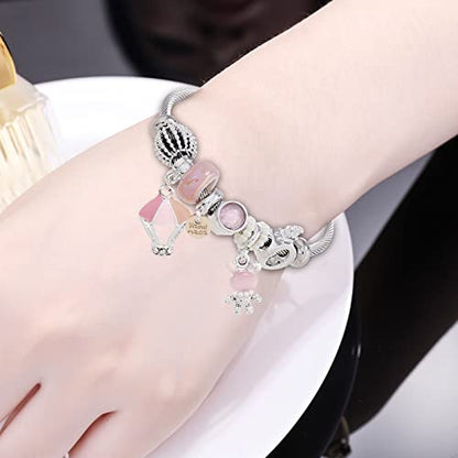 DS Charm Bracelets for girls,exquisite cute cartoon friendship bracelets Silver Stainless Steel Bangle with birthday Gift box, Adjustable girls jewelry Suitable for holiday gifts - style: Silver-pink rabbit
