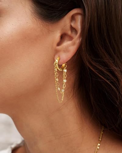 Tassel Chain Small Gold Hoop Dangle Earring For Women Huggie Earring Heart Star CZ 14K Gold Plated Fashion Jewelry Graduation Gift for Her Mothers Day Gifts for Mom - color: Circle-Gold
