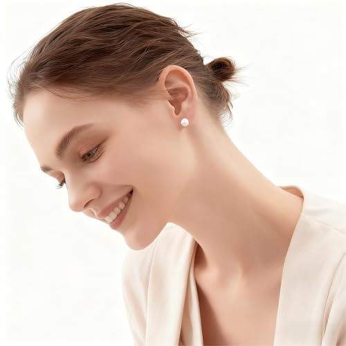 White Faux Pearl Stud Earrings, S925 Silver Posts Hypoallergenic for Women - color: Pinkish White, size: 8mm