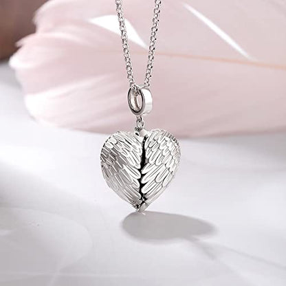 Personalized Photo Locket Necklace that Holds Pictures Sterling Silver Jewelry Gifts for Women Girls Custom Photo Lockets Pendant Necklace Picture Locket Memorial Jewelry Heart Wing Four Leaf Oval - color: Heart wing