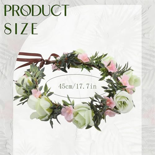 Pink Green Flower Crown Headband, Boho Rose Floral Headpiece | Artificial, Adjustable Fairy Woodland Headbands, Women Maternity Wedding Renaissance Festival Birthday Party Accessories - color: Pink-green