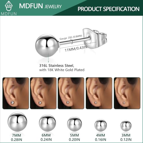 6 Pairs Surgical Stainless Steel Round Ball Stud Earrings Set for Women Men 3-7mm - style: 3/4/5/6/7mm Ball Stud Earrings