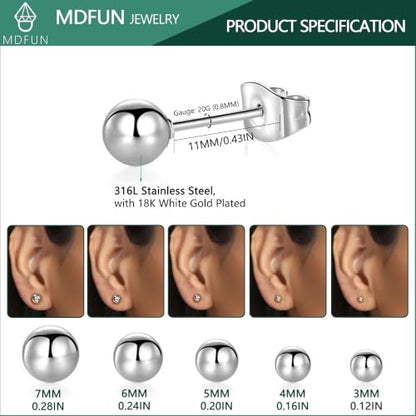 6 Pairs Surgical Stainless Steel Round Ball Stud Earrings Set for Women Men 3-7mm - style: 3/4/5/6/7mm Ball Stud Earrings