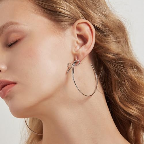 OwMell Large Hoop Earrings for Women 925 Sterling Silver Post 14K Gold Plated Big Hoops Earrings Trendy Pearl Cubic Zirconia Hoop Earrings - color: Bowknot Silver