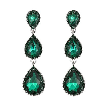 EleQueen Women's Crystal Teardrop Pear Shape 2.5 Inch Long Earrings | Dangle Earrings for Women, TearDrop Crystals Earrings for Bride Bridesmaid, Prom Jewelry for Wedding - color: Green Silver-Tone