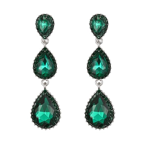 EleQueen Women's Crystal Teardrop Pear Shape 2.5 Inch Long Earrings | Dangle Earrings for Women, TearDrop Crystals Earrings for Bride Bridesmaid, Prom Jewelry for Wedding - color: Green Silver-Tone