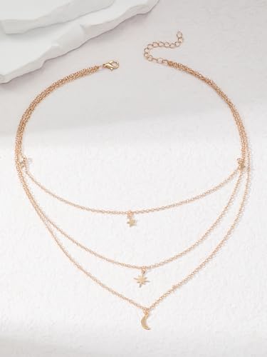 Layered Moon & Star Pendant Necklace, 3-Chain Gold Choker with Celestial Charms