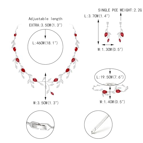 Cubic Zirconia Leaf Vine Wedding Jewelry Set for Bride Women Bridesmaid | Pear-Shaped Birthstone, Necklace Dangle Earrings for Bridesmaid, Silver-Plated-Brass - color: 3pcs_Red