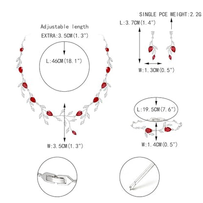 Cubic Zirconia Leaf Vine Wedding Jewelry Set for Bride Women Bridesmaid | Pear-Shaped Birthstone, Necklace Dangle Earrings for Bridesmaid, Silver-Plated-Brass - color: 3pcs_Red