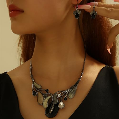 Chunky Statement Jewelry Set Vintage Retro Leaf Flower Floral Geometric Bohemian Boho Bib Necklace Earring Set Fashion Costume Jewelry for Women Girls Wedding Party Prom Unique Gift - style: teardrop leaf-black grey