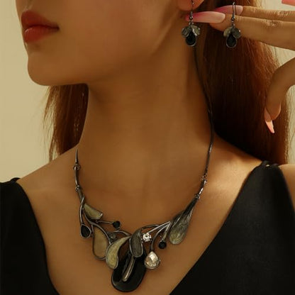 Chunky Statement Jewelry Set Vintage Retro Leaf Flower Floral Geometric Bohemian Boho Bib Necklace Earring Set Fashion Costume Jewelry for Women Girls Wedding Party Prom Unique Gift - style: teardrop leaf-black grey